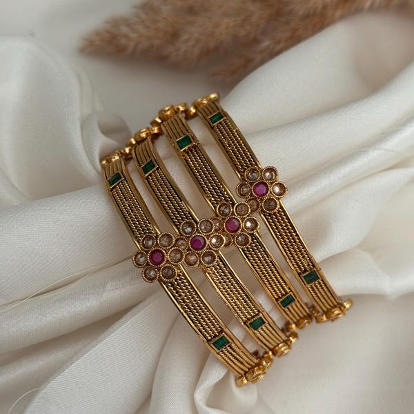 Indian Bangles Set, Pink Blue Pearl Kadas, Metal Bracelets (4 Piece Set)