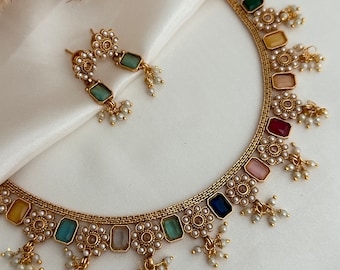 Antique gold Necklace Kundan polki set kundan necklace set/pachi kundan jewelry  jewellery south indian gold multicolor mirror choker pink g