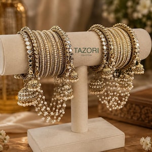 Gold Polki Mirror Bangles Set with Jhumki and Pearl Strands