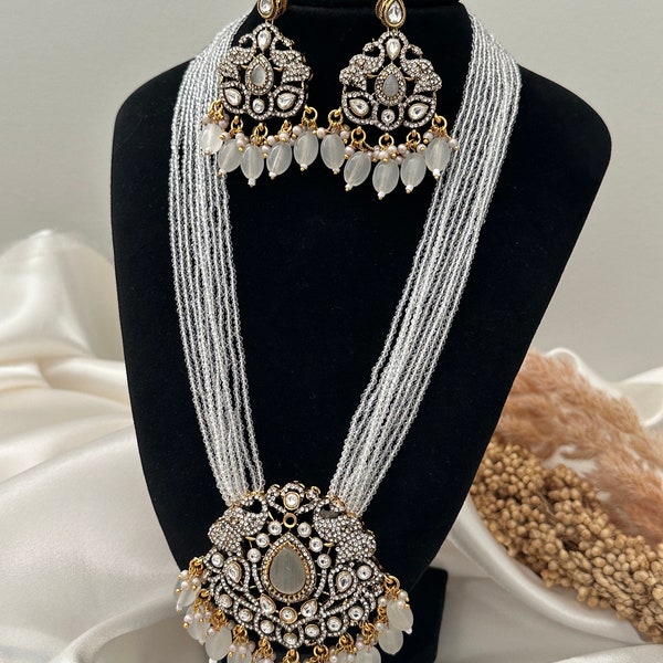 white victorian diamond Long kundan Necklace rani haar Pachi Kundan  long necklace/rani haar long necklace rani haar jewellery indian beaded