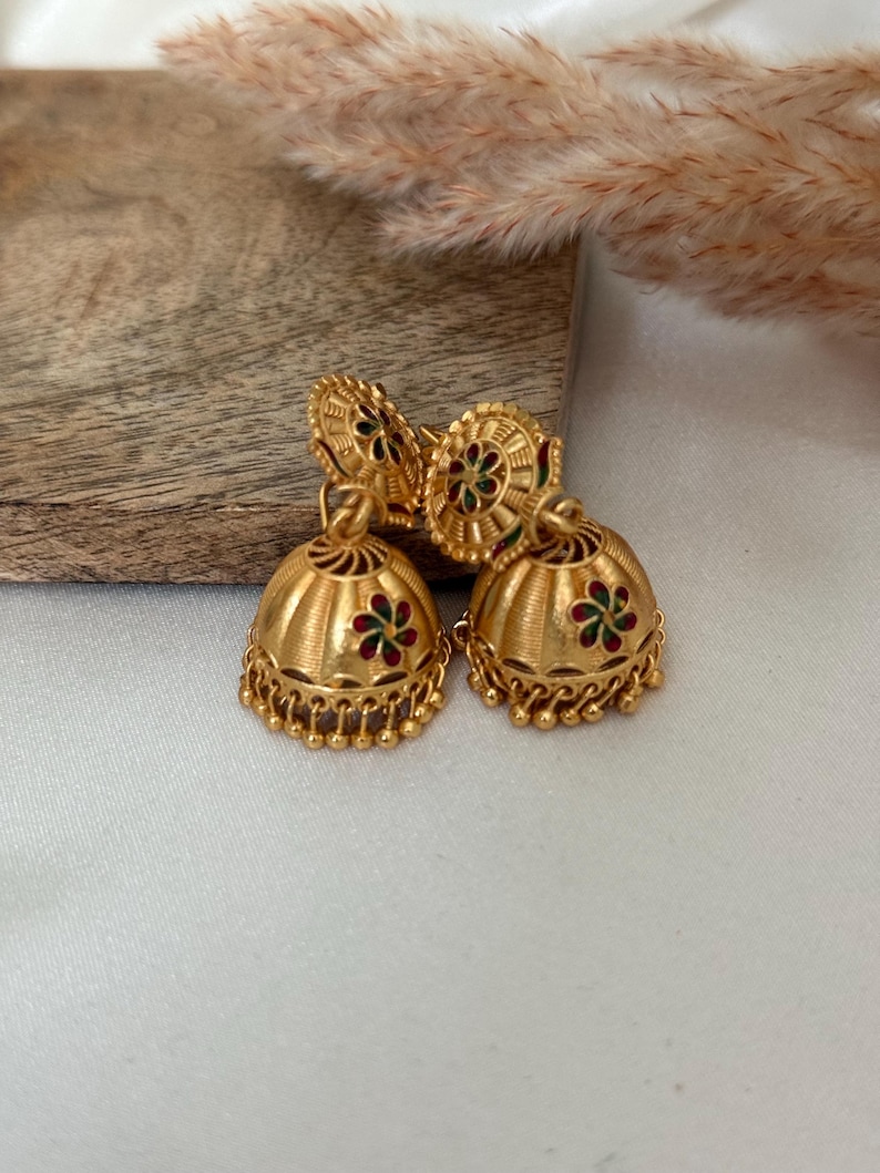 Gold imitation jhumki/Punjabi traditional walliya double jhumki/Indian Punjabi jewellery south Indian jewelry set gold look-alike earrings image 2