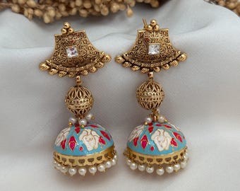 Jhumka Meenakari/pendientes indios/jhumkas indios/pendientes punjabíes/conjunto de joyería india/pendientes Meenakari amarillos, turquesas, verdes y rosas