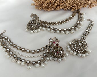 Mirror Jhumki Earrings with Tikka Saharas: Indian Jewelry