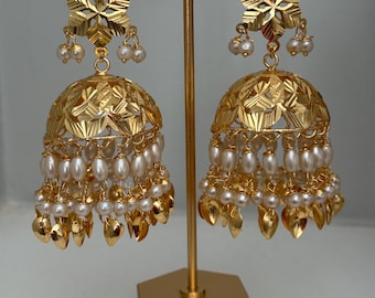 Piple pati punjabi traditional jhumka x tikka gold piple patti tikka set/kundan jewelry/kundan jewellery/indian  punjabi jewellery set jaggo