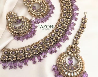Lavender Antique Gold Tone Polki Necklace Set: Indian Wedding Jewelry