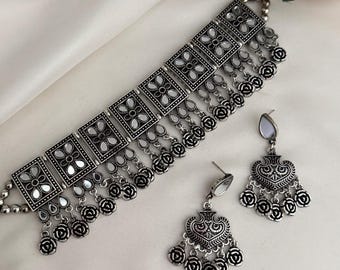 Geoxideerde spiegel choker oorbellen, geoxideerde sieraden/geoxideerde oorbellen/geoxideerde juwelen, Indiase sieraden/Afghaanse sieraden/Duitse zilveren sieraden