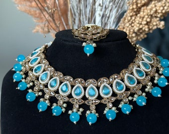 Gold Pearl Reverse AD tikka earrings Indian jewellery/punjabi jewelry/pearl green turquoise blue necklace set/kundan indian jewelry polki