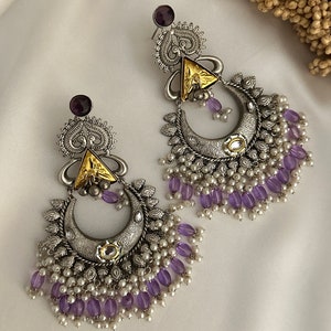 Oxidized German silver jhumka earrings white oxidized indian oxidized jewellery/oxidized lightweight boho jewelry set oxidized AD stone set
