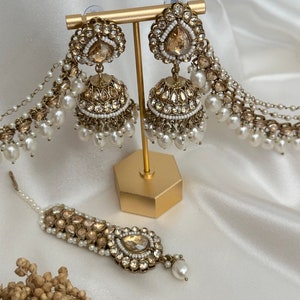 pearl stone finish jhumka tikka with bahubali sahara Kundan polki jhumka set/pachi kundan jewelry jewellery south indian gold pearl tyani image 7