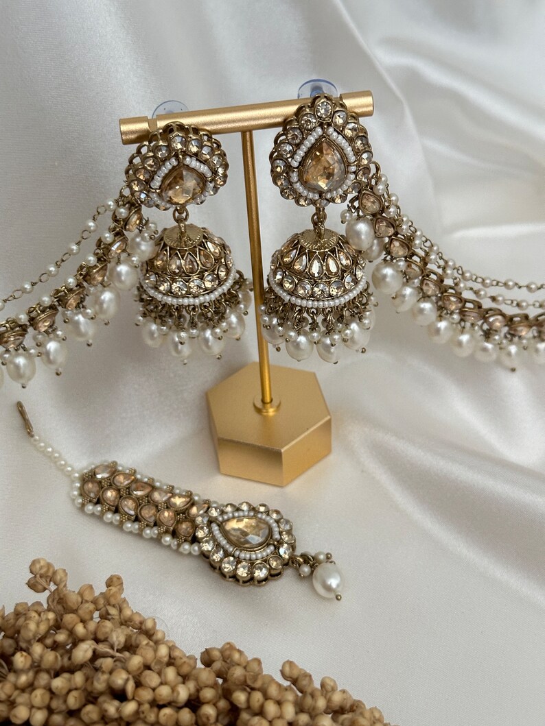 pearl stone finish jhumka tikka with bahubali sahara Kundan polki jhumka set/pachi kundan jewelry jewellery south indian gold pearl tyani image 7
