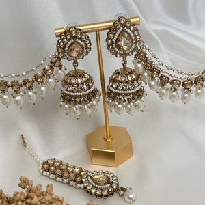 pearl stone finish jhumka tikka with bahubali sahara Kundan polki jhumka set/pachi kundan jewelry jewellery south indian gold pearl tyani image 4