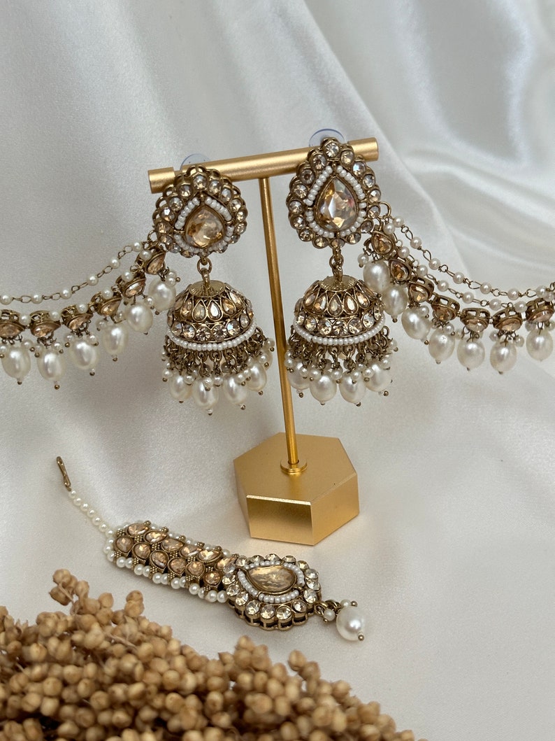 pearl stone finish jhumka tikka with bahubali sahara Kundan polki jhumka set/pachi kundan jewelry jewellery south indian gold pearl tyani image 4