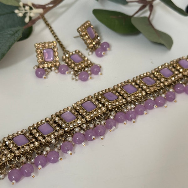 lavender choker stone kundan studs tikka indian choker set indian kundan punjabi jewelry multicolor green pakistani stone purple pachi kunda