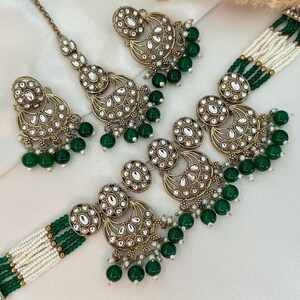 pink kundan choker earrings tikka set/wedding kundan jewelry set/indian jewelry set/gold kundan green set/punjabi jewelry indian jewelry set