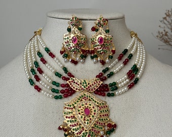 Jadau multicolor traditional necklace set/lightweight multicolor tikka set/jadau pearl set/pink jadau set/pipple patti set india jewelry set