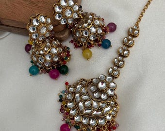 Kundan Jhumka Earrings Tikka Set - South Indian Jewelry