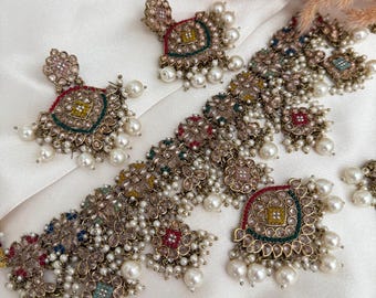 Gargantilla multicolor pakistaní / pendientes kundan / joyería india / pendientes punjabi / pendientes jhumka perla multicolor kundan espejo polki anuncio inverso