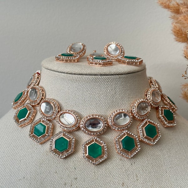 Uncut multicolour kundan necklace earrings lightweight/indian uncut necklace punjabi jewelry indian jewelry pachi kundan choker rose gold