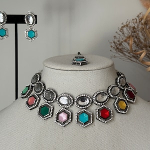 Black polish uncut kundan necklace earring tikka / oxidized earrings/oxidized navratri indian jewelry/uncut jewelry/diwali festival jewelry