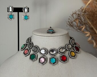 Boucle d'oreille tikka de collier kundan non coupé poli noir / boucles d'oreilles oxydées/bijoux indiens navratri oxydés/bijoux non coupés/bijoux festival diwali