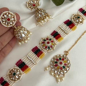 Pearl pastel multicolor choker jhumki earring tikka set/mirror jewelry set/ jewelry set/kundan stud set/punjabi jewelry indian jewelry set