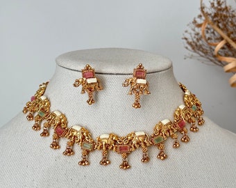 Antique gold choker Necklace elephant Kundan polki set kundan necklace set/kundan jewelry  jewellery south indian gold imitation jewelry set