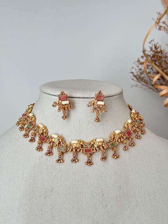 Antique Gold Choker Necklace Elephant Kundan Polki Set Kundan Necklace Set kundan Jewelry Jewellery South Indian Gold Imitation Jewelry Set Etsy