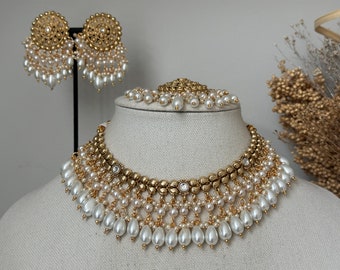Gold imitation pearl Necklace Kundan polki set stud tikka indian wedding necklace punjabi jewellery south indian gold temple jewelry bridal