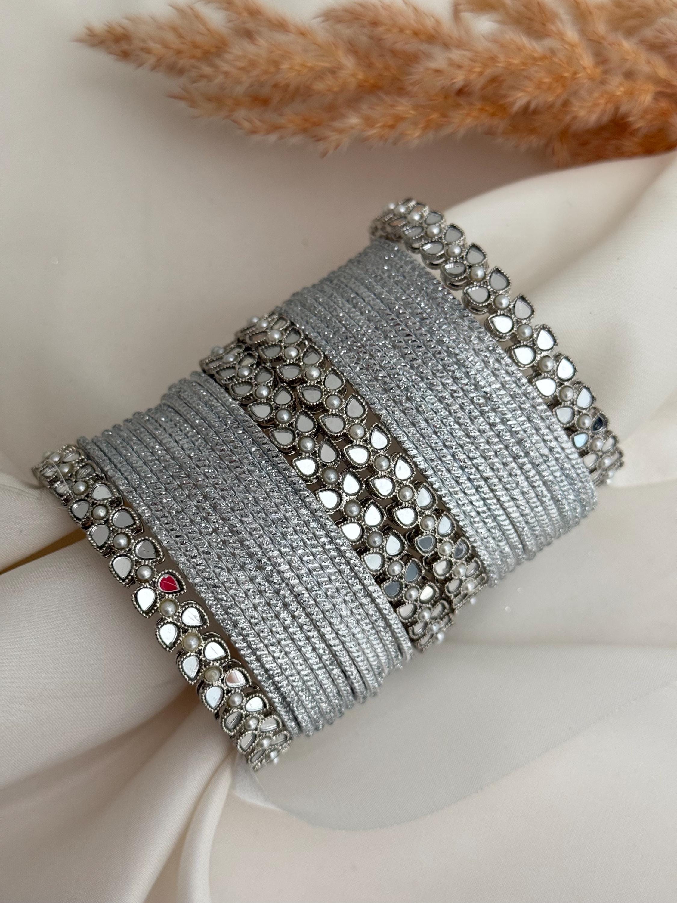 Silver Mirror Stone Indian Bangle Set: Punjabi Kadas Bracelet