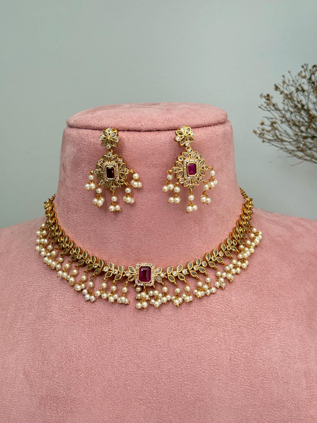 Kundan Indian Jewelry Set: Ruby, Emerald, Pearl Necklace