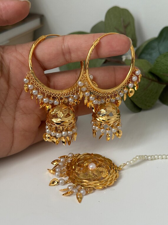 Pearl Punjabi Walliya Jhumka Mang Tikka X Earrings gold Piple Patti Tikka Set kundan Jewelry kundan Jewellery indian Pearl Traditional Set Etsy Canada
