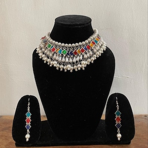 Oxidized necklace earrings/multicolor oxidized jewelry/oxidized earrings/oxidized jewellery indian jewelry/afgani jewelry/oxidized pearl set
