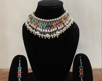 Geoxideerde ketting oorbellen/veelkleurige geoxideerde sieraden/geoxideerde oorbellen/geoxideerde sieraden Indiase sieraden/Afghaanse sieraden/geoxideerde parel set