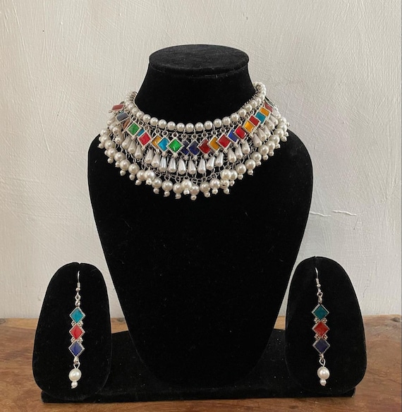 Oxidized necklace earrings/multicolor oxidized jewelry/oxidized earrings/oxidized jewellery indian jewelry/afgani jewelry/oxidized pearl set