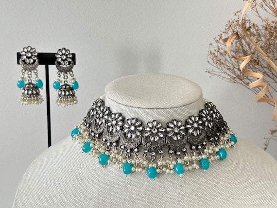 Oxidized necklace earrings/red green oxidized jewelry/oxidized earrings/oxidized kundan indian jewelry/afgani jewelry/oxidized jewelry set