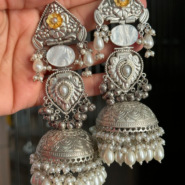 Oxidized German silver jhumka earrings white oxidized indian oxidized jewellery/oxidized lightweight boho jewelry set oxidized AD stone set