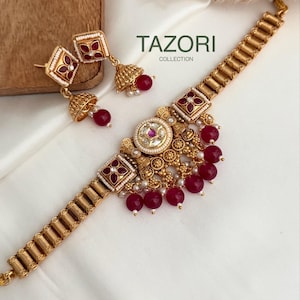 Kundan Polki Choker Set: Gold Finish, Ruby & Pearl Indian Jewelry