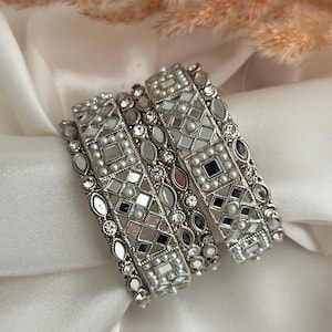 Silver kundan kade bangles/indian bangles/punjabi bangles set silver diamond chuddis/metal bangles/metal bangles/kadas/bracelet indian