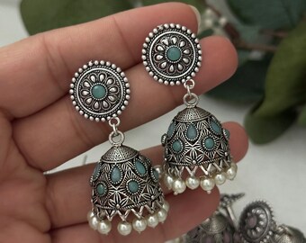 Geoxideerde oorbel geoxideerde jhumka-sieraden/indisch/boho geoxideerd Indiase sieraden/afgani/navratri diwali Duits zilverfestival rood groen punjabi