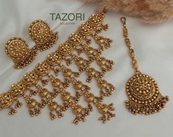 Navya Gold tone imitation choker earrings set /indian jewelry/antique gold jewellery/punjabi jewelry/ jhumka tikka kundan jewelry/pachi