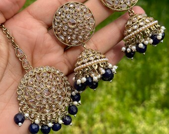 acabado de piedra perla jhumka tikka con bahubali sahara Kundan polki jhumka set/pachi kundan joyería joyería perla de oro del sur de la India tyani