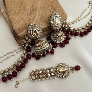 pearl stone finish jhumka tikka with bahubali sahara Kundan polki jhumka set/pachi kundan jewelry jewellery south indian gold pearl tyani Maroon