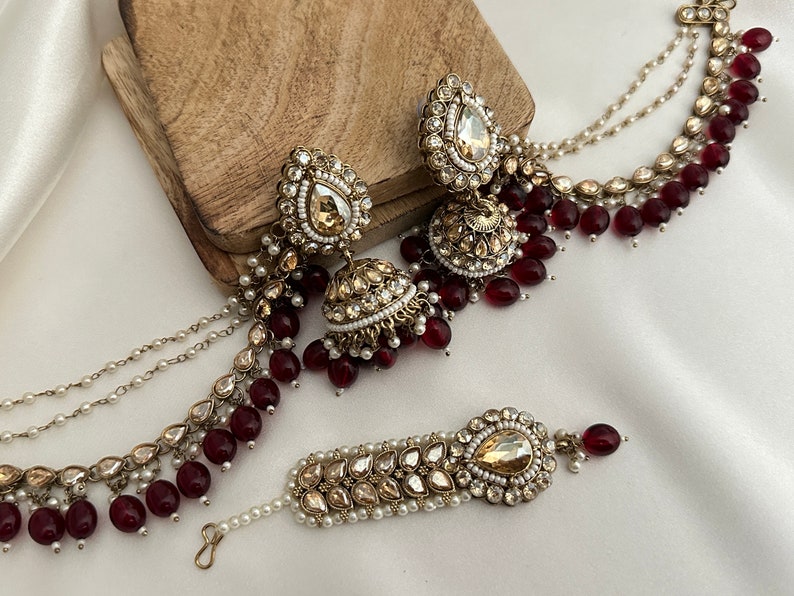 pearl stone finish jhumka tikka with bahubali sahara Kundan polki jhumka set/pachi kundan jewelry jewellery south indian gold pearl tyani Maroon