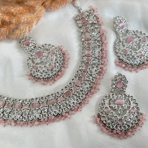 Pearl silver necklace earrings tikka set/polki jewelry set/indian jewelry set/silver reverse ad set/punjabi jewelry indian jewelry set neckl