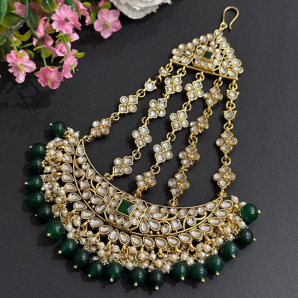 Cream & Green Passa Head Jewellery with Kundan &  Pearls main image 0