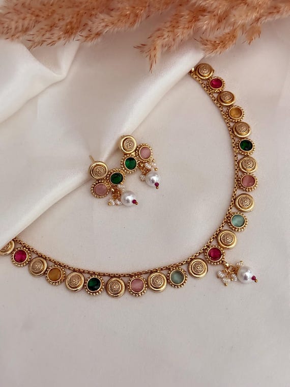 Kundan Jewelry Set: Multicolor Necklace, Pink Mint Studs