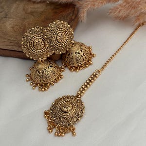 Gold Imitat Statement Ohrringe xtikka/Real Gold Look Schmuck/IndianerschmuckGold Imitation Punjabi Saharas Jhumkas Tikka Set Antik Gold
