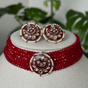 baby pink bead choker studs x tikka,polki choker, kundan studs punjabi choker  ,pearl kundan  set,indian jewelry set,indian choker jewellery