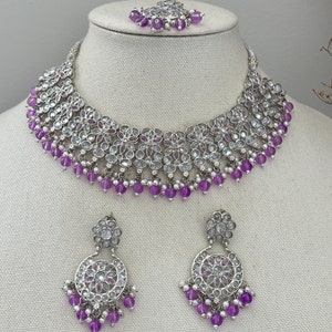 Pearl silver necklace earrings tikka set/polki jewelry set/indian jewelry set/silver reverse ad set/punjabi jewelry indian jewelry set neckl