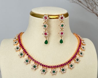 Ensemble de collier en diamants américains/ensemble de bijoux indiens/ensemble de collier de bijoux punjabi doré/ensemble de collier de diamants en or rose/ensemble de bijoux faits main